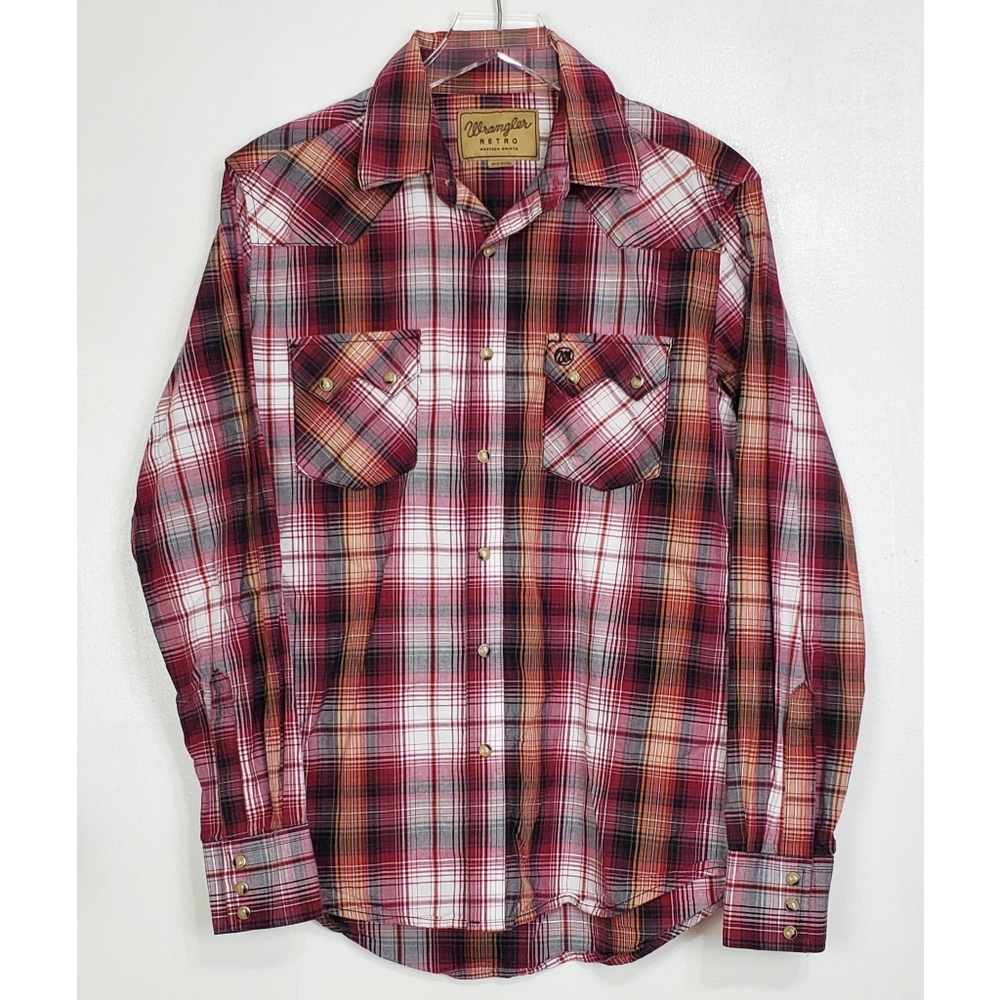 Wrangler retro medium western shirt long sleeves snap button plaid red cowboy